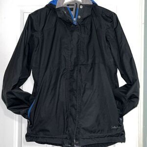 Cabela’s black rain jacket with blue and gray lining - L